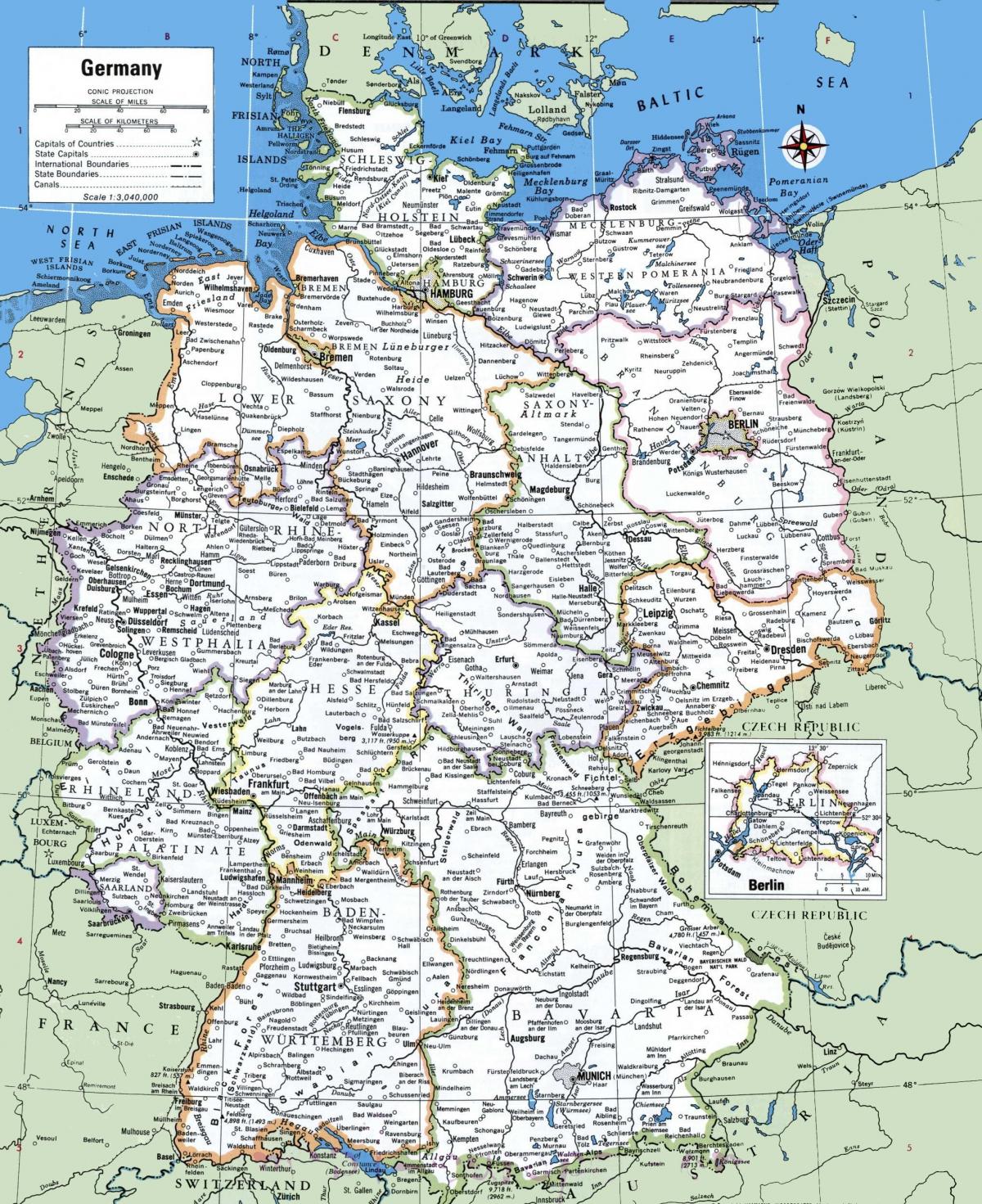 Mapa Niemiec z zaznaczonymi miastami - Główne miasta Niemiec (Europa