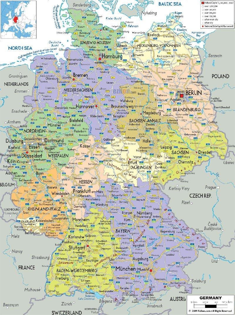 Drogowa mapa Niemiec z miastami i gminami