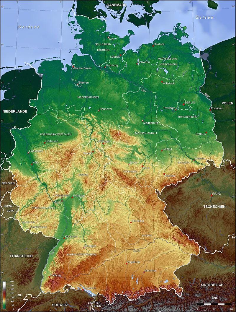 mapa Niemiec wysokości